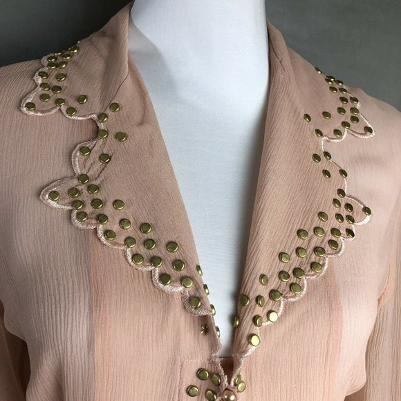 Vintage 80s Silk Blouse Blush Pink Gold Studded Sheer Long Sleeve Lillie Rubin L - Picture 5 of 11
